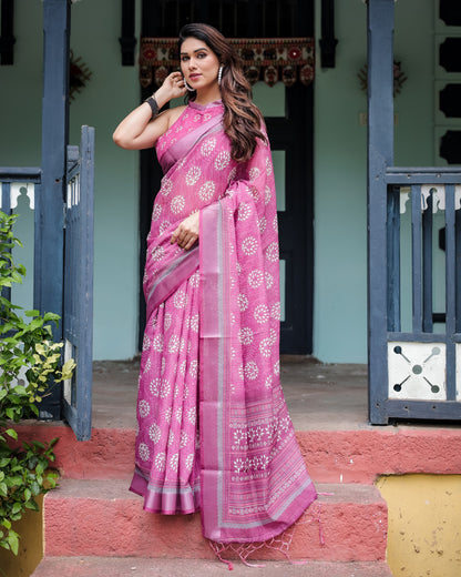 Pink Summer Special Digital Printed Linen Cotton Saree