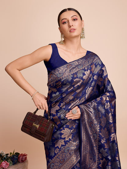 Golden & Copper Zari Weaving With Navy Blue Soft Silk Banarasi Saree | Party & Wedding Wear - JaipurSaaj