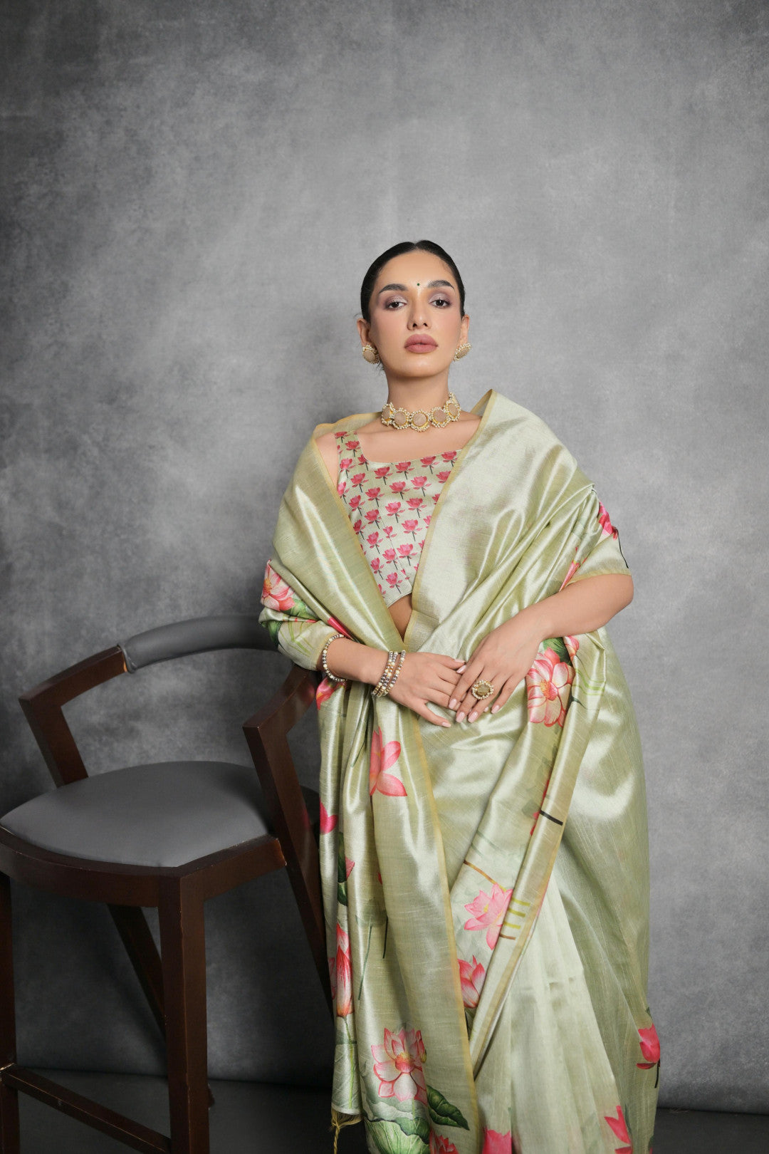 Pista Green Tussar Silk Saree with Lotus Floral Printed Work | Festive & Party Wear – JaipurSaaj