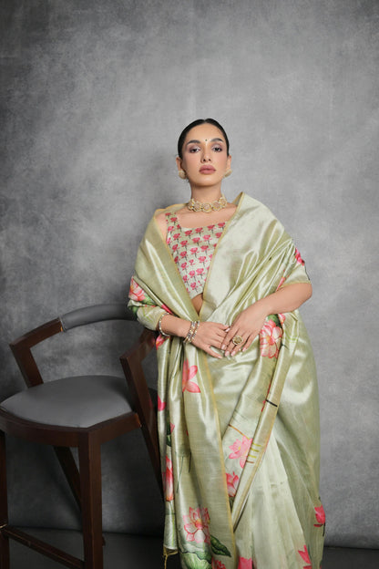 Pista Green Tussar Silk Saree with Lotus Floral Printed Work | Festive & Party Wear – JaipurSaaj