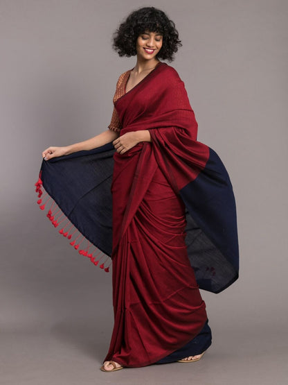 Maroon Color Plain Khadi Cotton Saree With Fancy Tassel Work