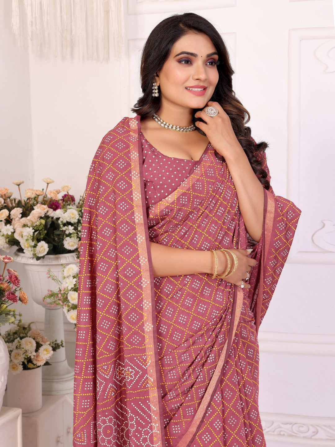 Dusty Pink Bandhej Printed Soft Cotton Saree With Zari Border | Traditional Festive Ethnic Wear – JaipurSaaj