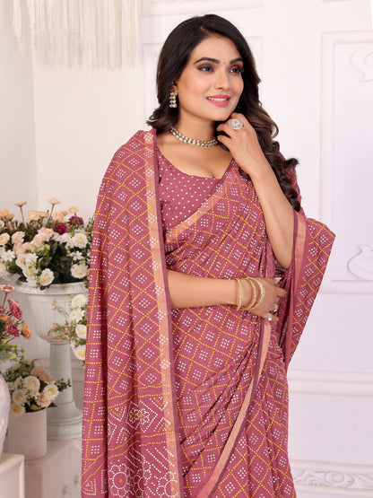 Dusty Pink Bandhej Printed Soft Cotton Saree With Zari Border | Traditional Festive Ethnic Wear – JaipurSaaj