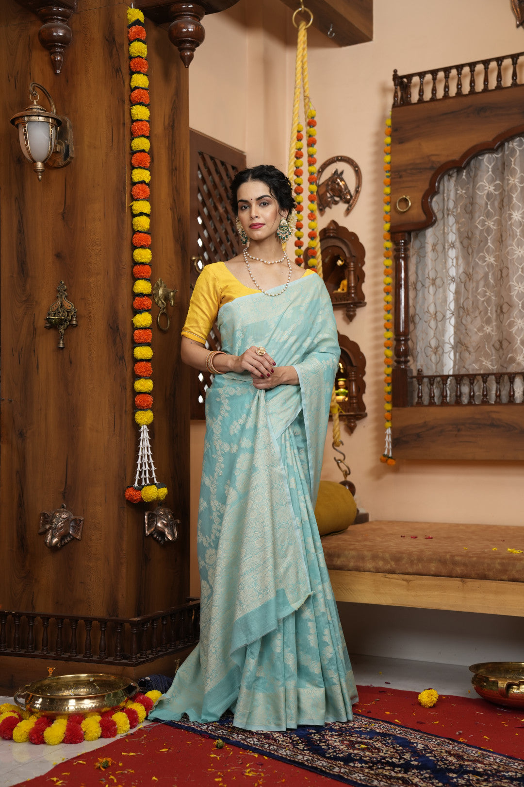 Sea Green Soft Cotton Saree With Lucknowi Work