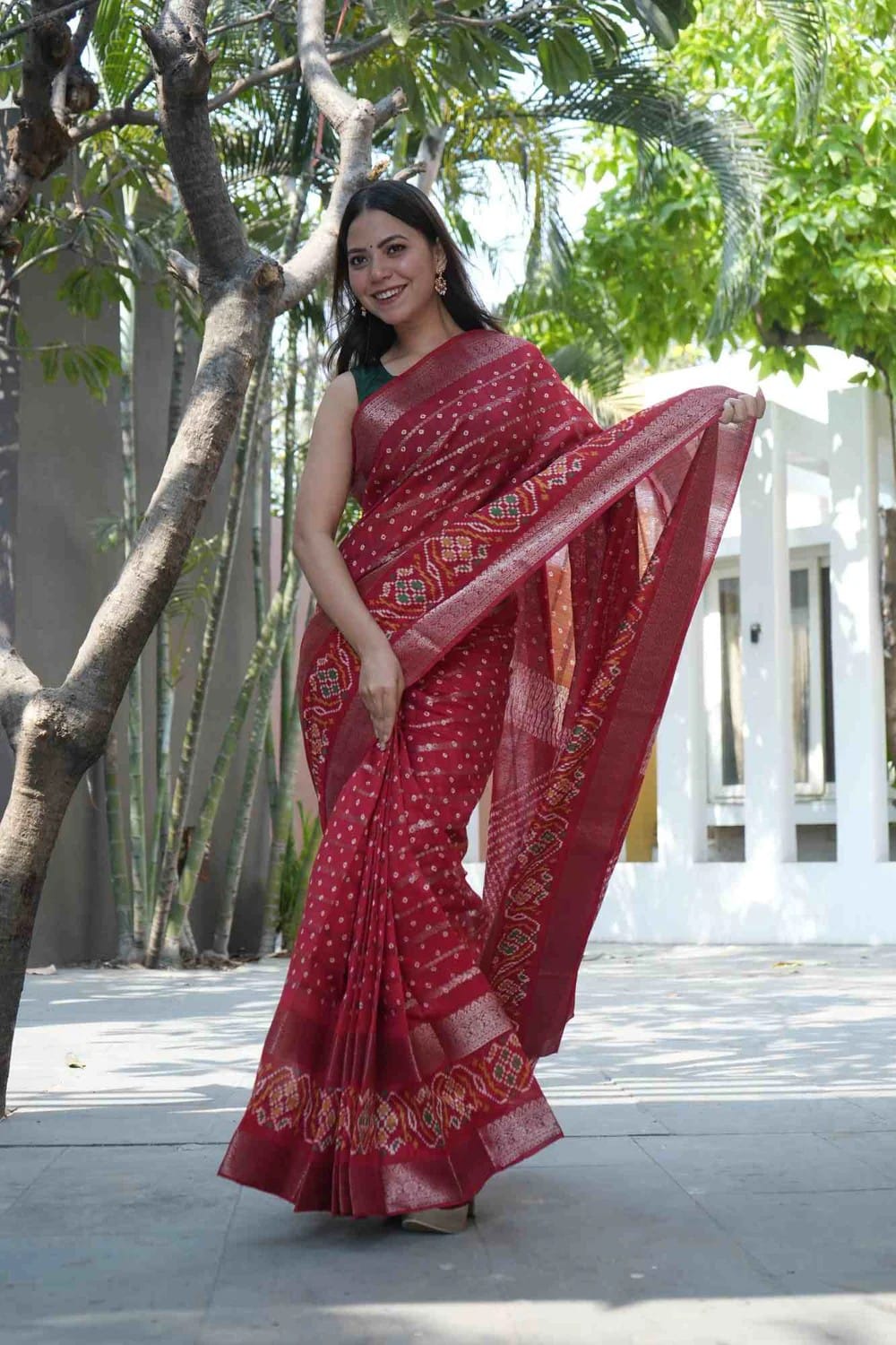 Red Fancy Dola Silk Saree With Ikkat Border Work
