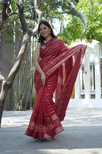 Red Fancy Dola Silk Saree With Ikkat Border Work