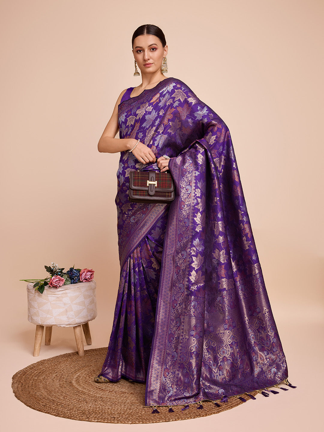 Golden & Copper Zari Weaving With Purple Soft Silk Banarasi Saree | Party & Wedding Wear - JaipurSaaj