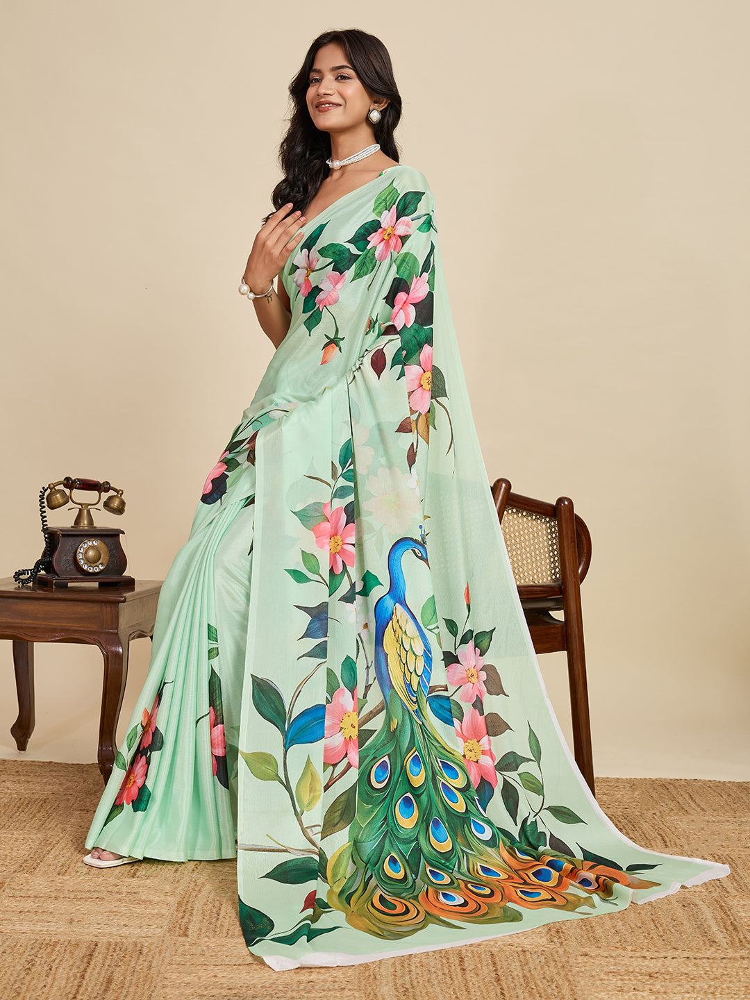 Sea Green Soft Chinnon Silk Saree With Digital Printed Work