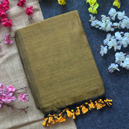 Mustard Yellow Plain Khadi Cotton Saree With Fancy Tassel Work | Handloom Office Wear – JaipurSaaj