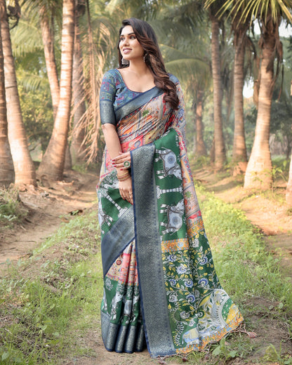 Multi Color Kalamkari Digital Printed Tussar Silk Saree | Designer Festive Ethnic Wear – JaipurSaaj