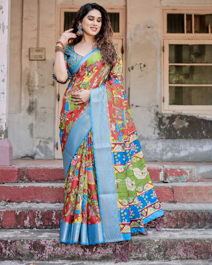 Multi Color Kalamkari Digital Printed Tussar Silk Saree | Designer Festive Ethnic Wear – JaipurSaaj