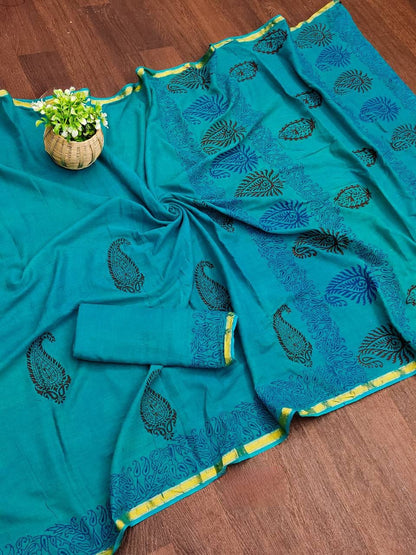 Sky Blue Muslin Cotton Silk Saree With Hand Block Print & Zari Border | Ethnic Wear – JaipurSaaj