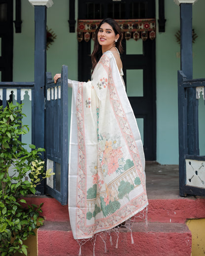 Off White Summer Special Digital Printed Linen Cotton Saree
