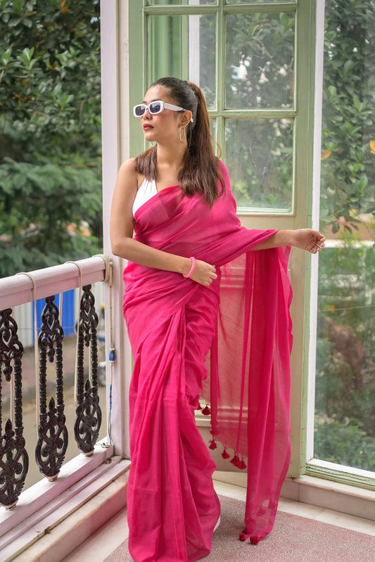 Pink Plain Khadi Cotton Saree With Fancy Tassel Work