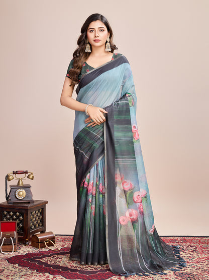 Gray Soft Linen Cotton Saree With Floral Printed Work | Lightweight Traditional Ethnic Wear – JaipurSaaj
