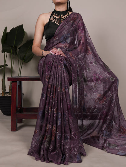 Magenta Brasso Silk Saree With Floral Print & Zari Weaving | Party & Casual Wear – JaipurSaaj