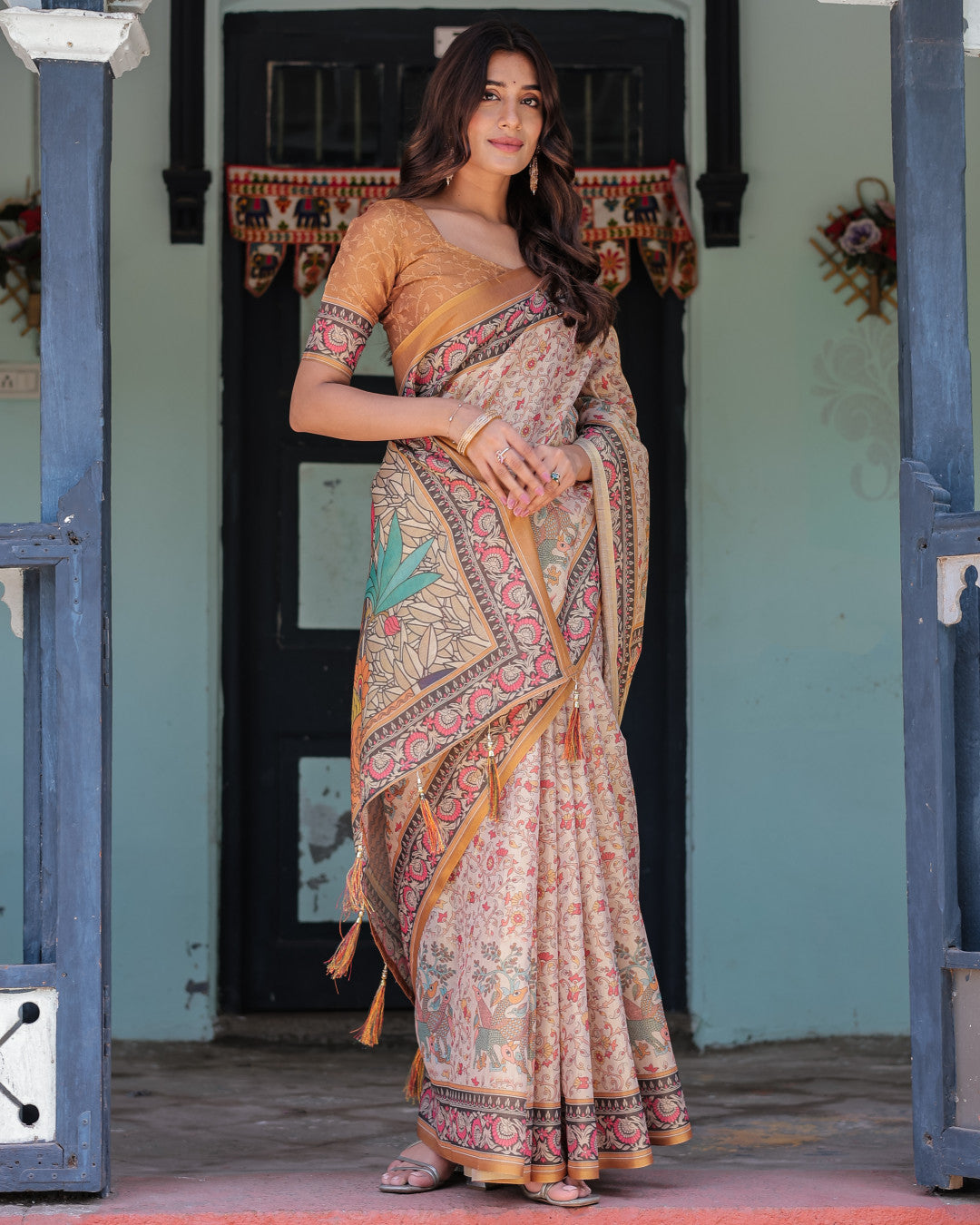 Multi Color Kalamkari Digital Printed Linen Cotton Saree | Summer Casual & Ethnic Wear – JaipurSaaj