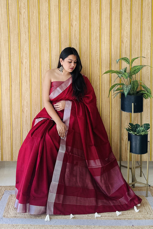 Maroon Linen Cotton Saree With Silver Zari Border