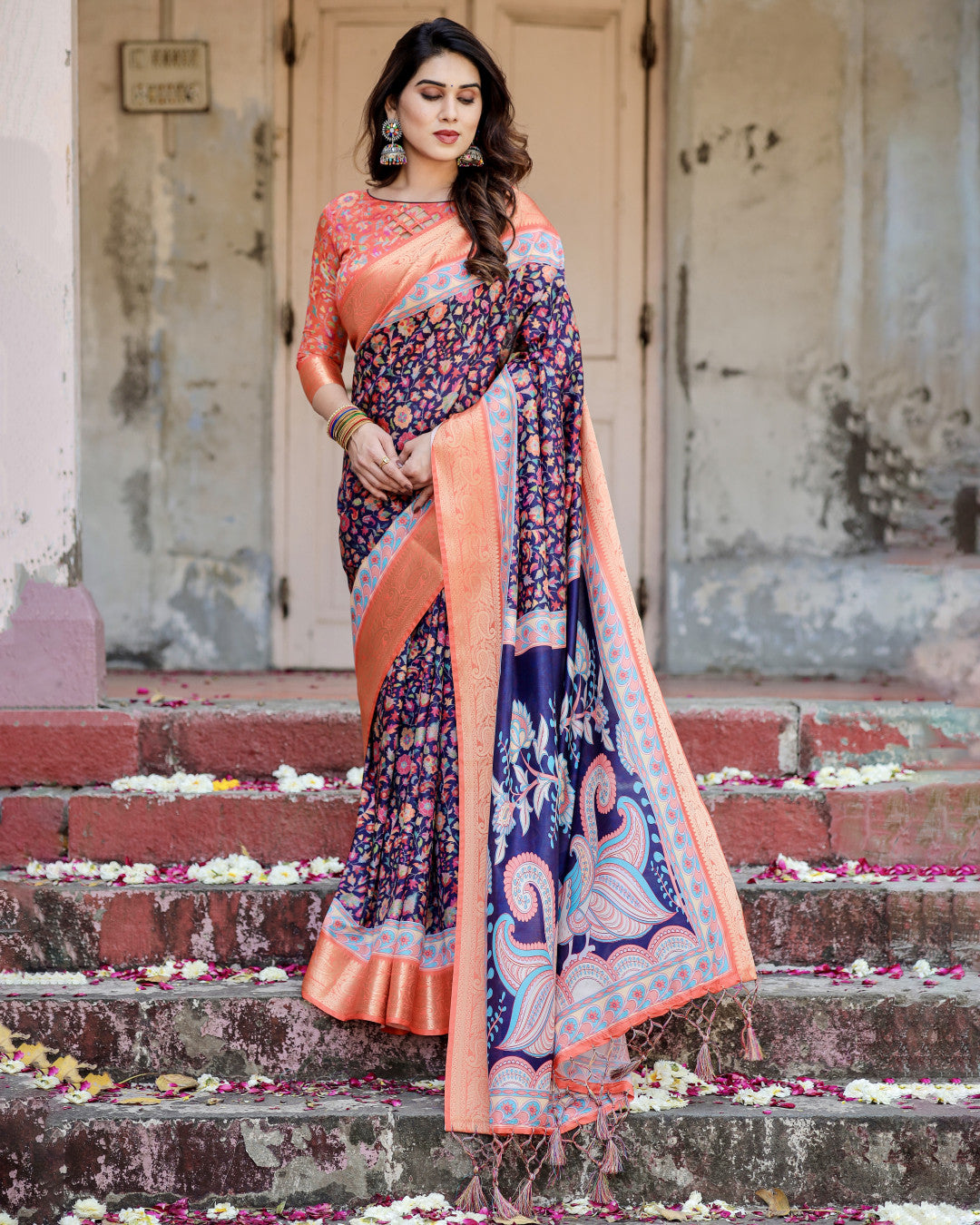 Multi Kalamakari Floral Printed Tussar Silk Saree With Zari Motif Border | Festive Ethnic Wear – JaipurSaaj