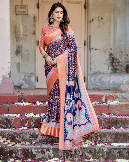 Multi Kalamakari Floral Printed Tussar Silk Saree With Zari Motif Border | Festive Ethnic Wear – JaipurSaaj