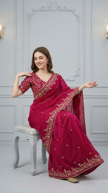 Pink Fandy Chiffon Silk Saree With Sequin Work & Cut Work Border | Party & Reception Wear – JaipurSaaj