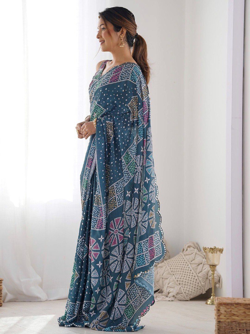 Blue Georgette Saree With Printed And Mirror Work With Arco Border