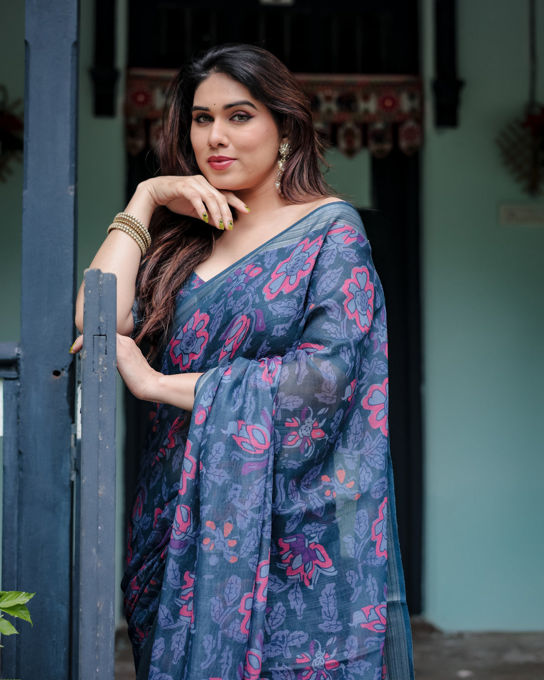 Navy Blue Floral Digital Printed Linen Cotton Saree | Office & Casual Ethnic Wear – JaipurSaaj