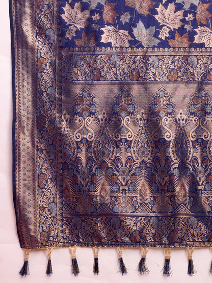 Golden & Copper Zari Weaving With Navy Blue Soft Silk Banarasi Saree | Party & Wedding Wear - JaipurSaaj