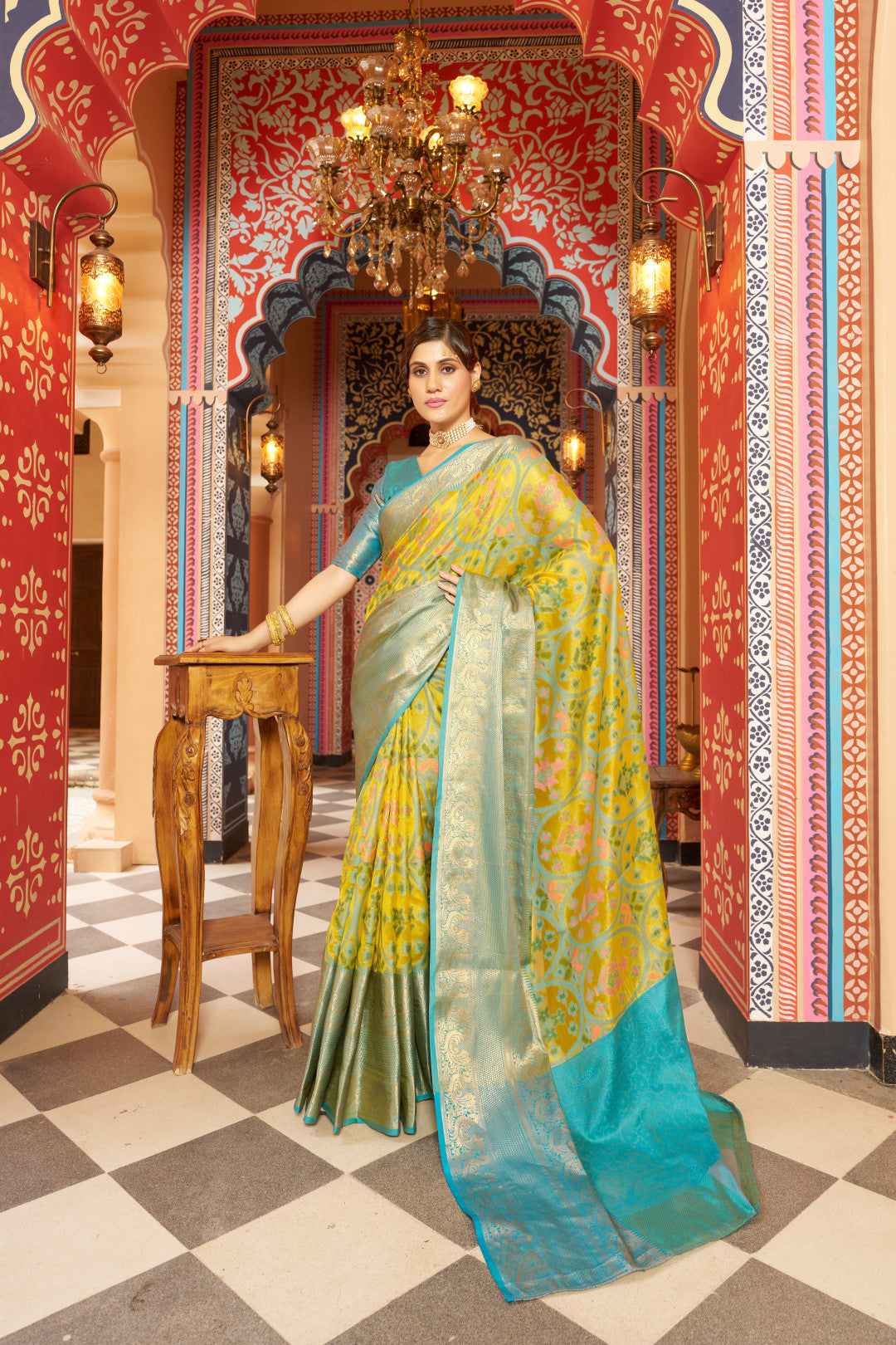 Yellow Organza Silk Saree With Woven Design | Festive Wedding & Party Wear – JaipurSaaj