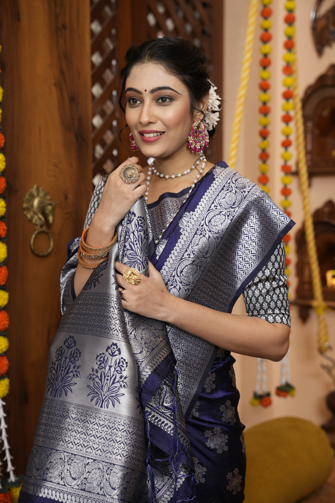 Navy Blue Banarasi Silk Saree With Zari Weaving Work | Wedding Festive Wear – JaipurSaaj