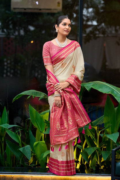 Full length view of off white Banarasi silk saree with zari weaving work