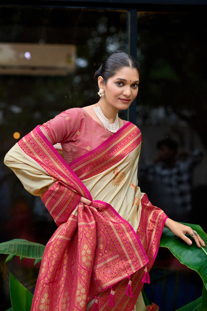 Off white Banarasi silk saree with zari weaving and contrast border side drape look