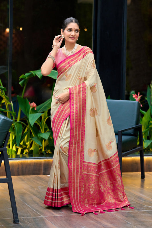 Off white soft Banarasi silk saree with zari weaving work and contrast border by JaipurSaaj