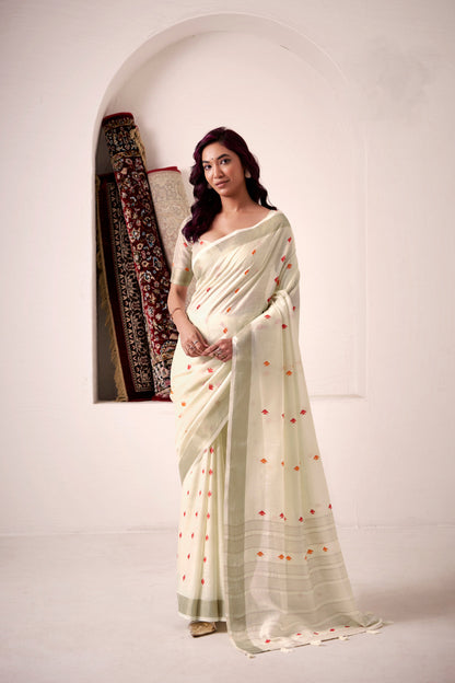 Model posing in off white linen silk saree with zari work showing full length elegant ethnic styling