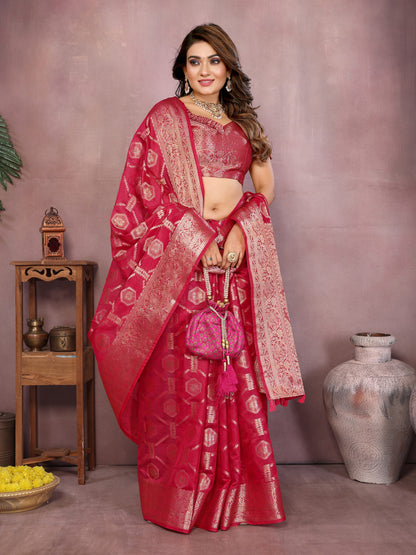 Red Organza Silk Banarasi Saree With Zari Weaving Work | Bridal Wedding & Festive Wear – JaipurSaaj