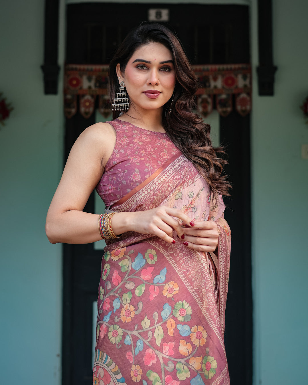 Baby Pink Soft Linen Cotton Saree With Kalamkari Printed Work