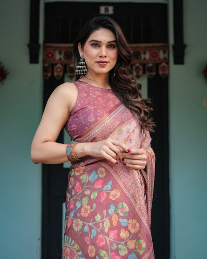 Baby Pink Soft Linen Cotton Saree With Kalamkari Printed Work