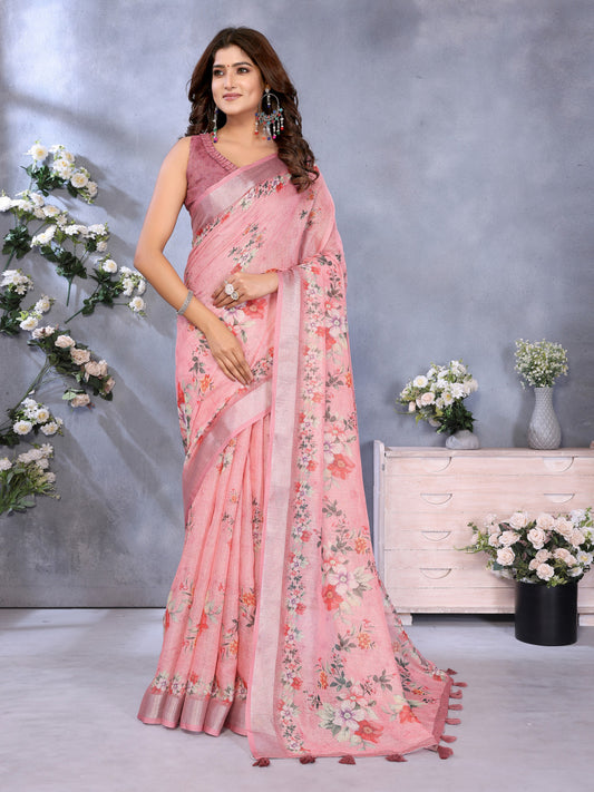 Pink Linen Cotton Saree With Digital Printed Work And Silver Zari Border