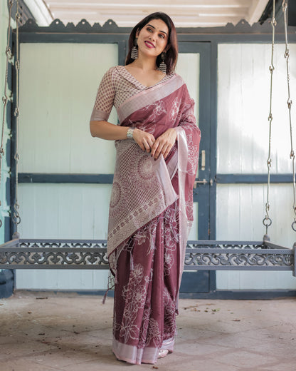Maroon Digital Printed Linen Cotton Saree | Summer Special Office & Casual Wear – JaipurSaaj
