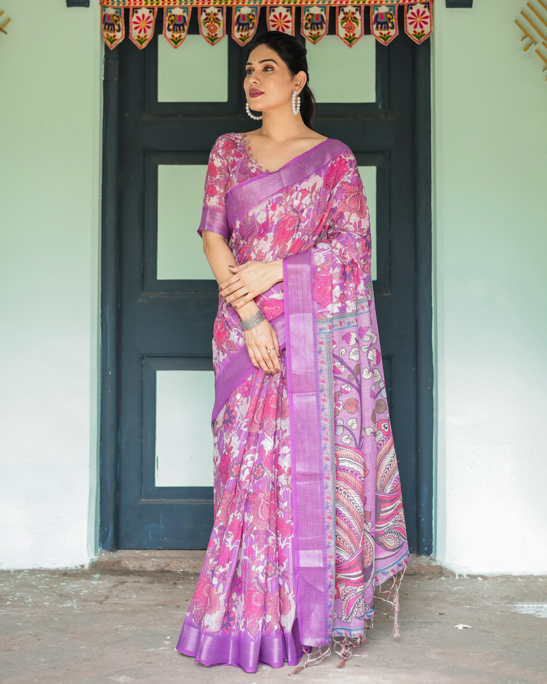 Pink Kalamkari Digital Printed Linen Cotton Saree | Summer Casual & Ethnic Wear – JaipurSaaj