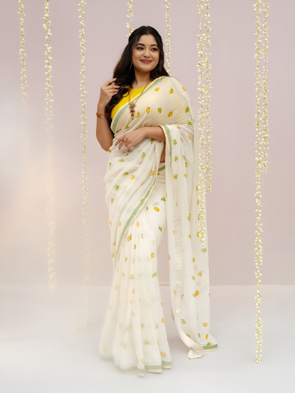 White Linen Cotton Saree with Digital Printed Work | Lightweight Daily & Office Wear – JaipurSaaj