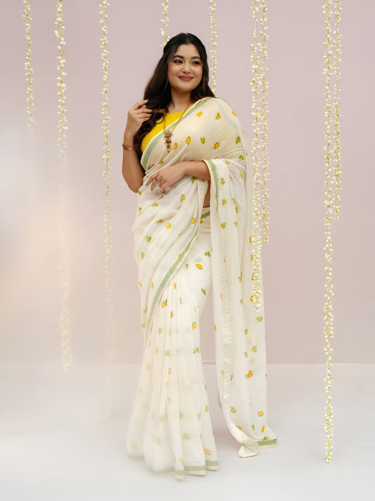 White Linen Cotton Saree With Digital Printed Work