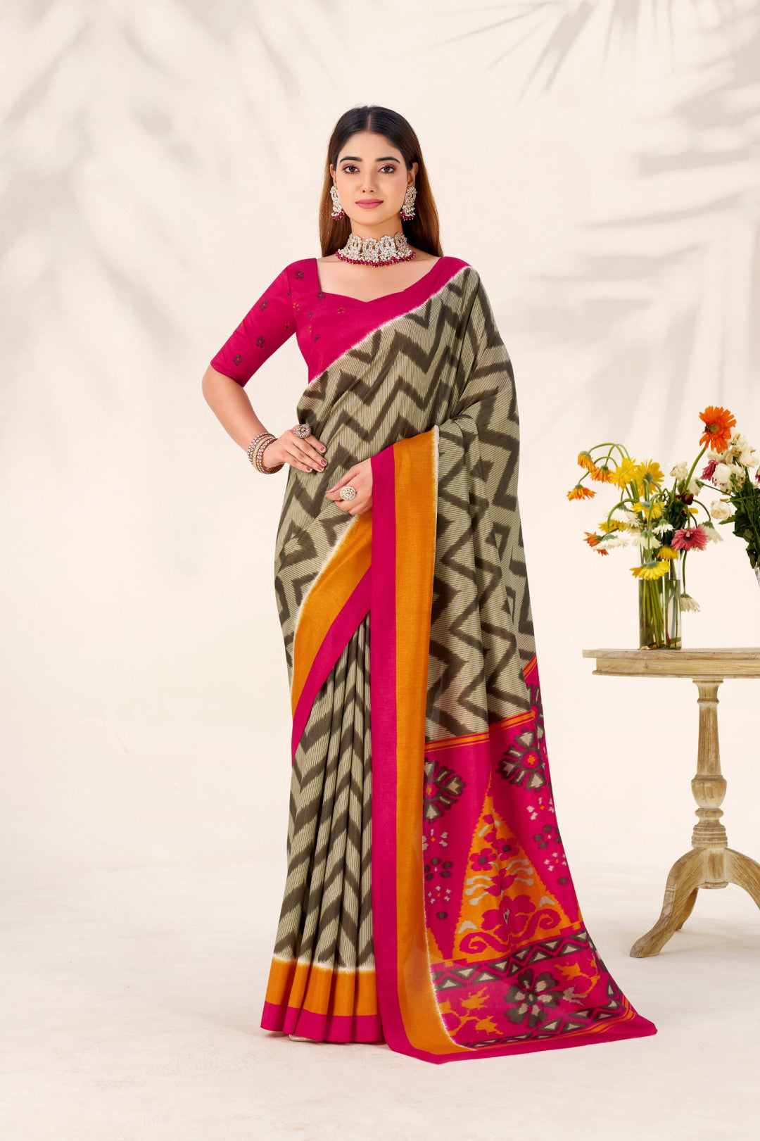 Multi Color Soft Tussar Silk Saree With Printed Work & Lace Border | Festive Ethnic Wear – JaipurSaaj