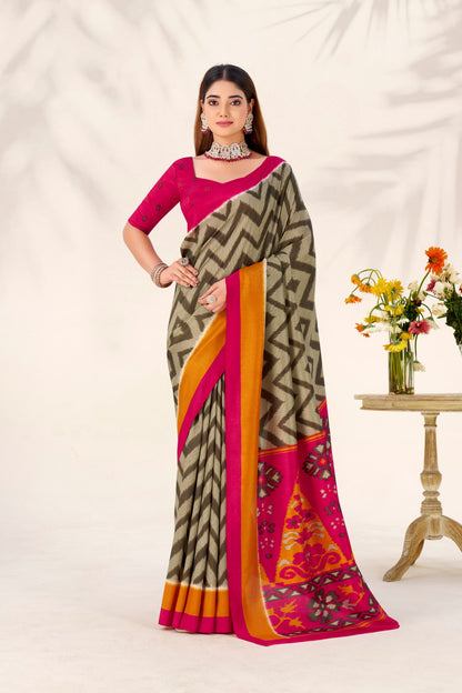 Multi Color Soft Tussar Silk Saree With Printed Work & Lace Border | Festive Ethnic Wear – JaipurSaaj