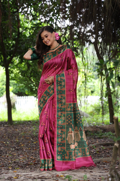 Magenta Peacock Printed Tussar Silk Saree | Traditional Festive Ethnic Wear – JaipurSaaj