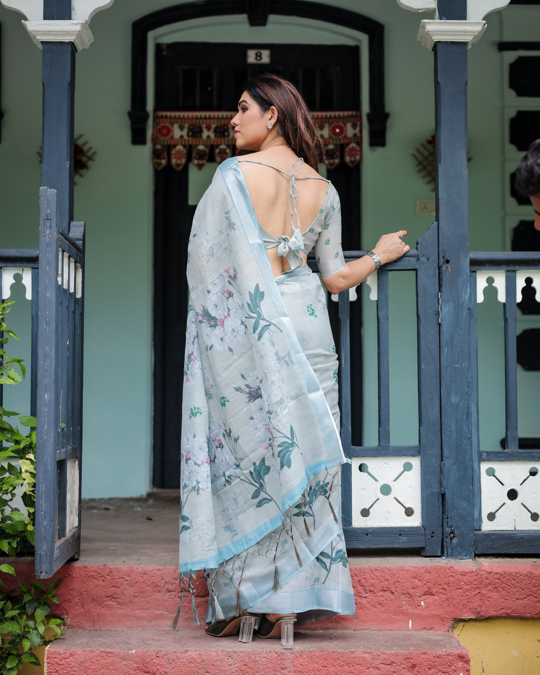 Pastel Green Floral Digital Printed Linen Cotton Saree | Office & Casual Ethnic Wear – JaipurSaaj
