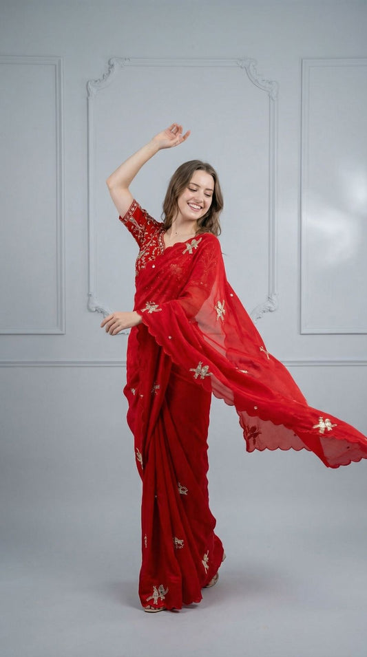 Red Fandy Satin Silk Saree With Heavy Shine Hand Work & Cutwork Border | Wedding & Party Wear - JaipurSaaj
