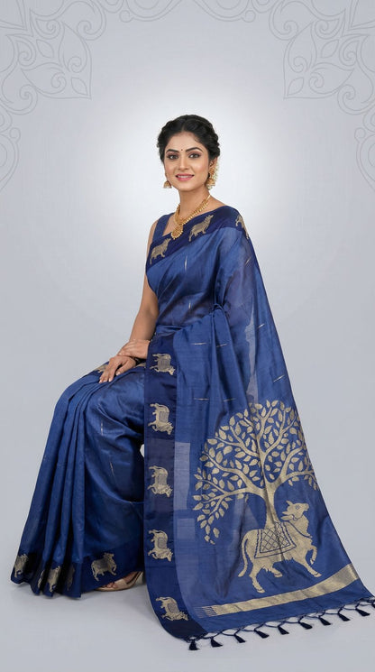 Navy Blue Khadi Raw Silk Saree With Zari Weaving Cow Pallu & Border | Traditional Festive Wear – JaipurSaaj
