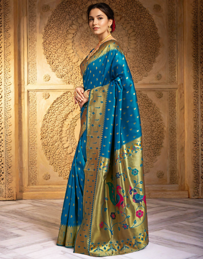 Traditional Firoji Paithani Silk Saree With Zari Weaving Work