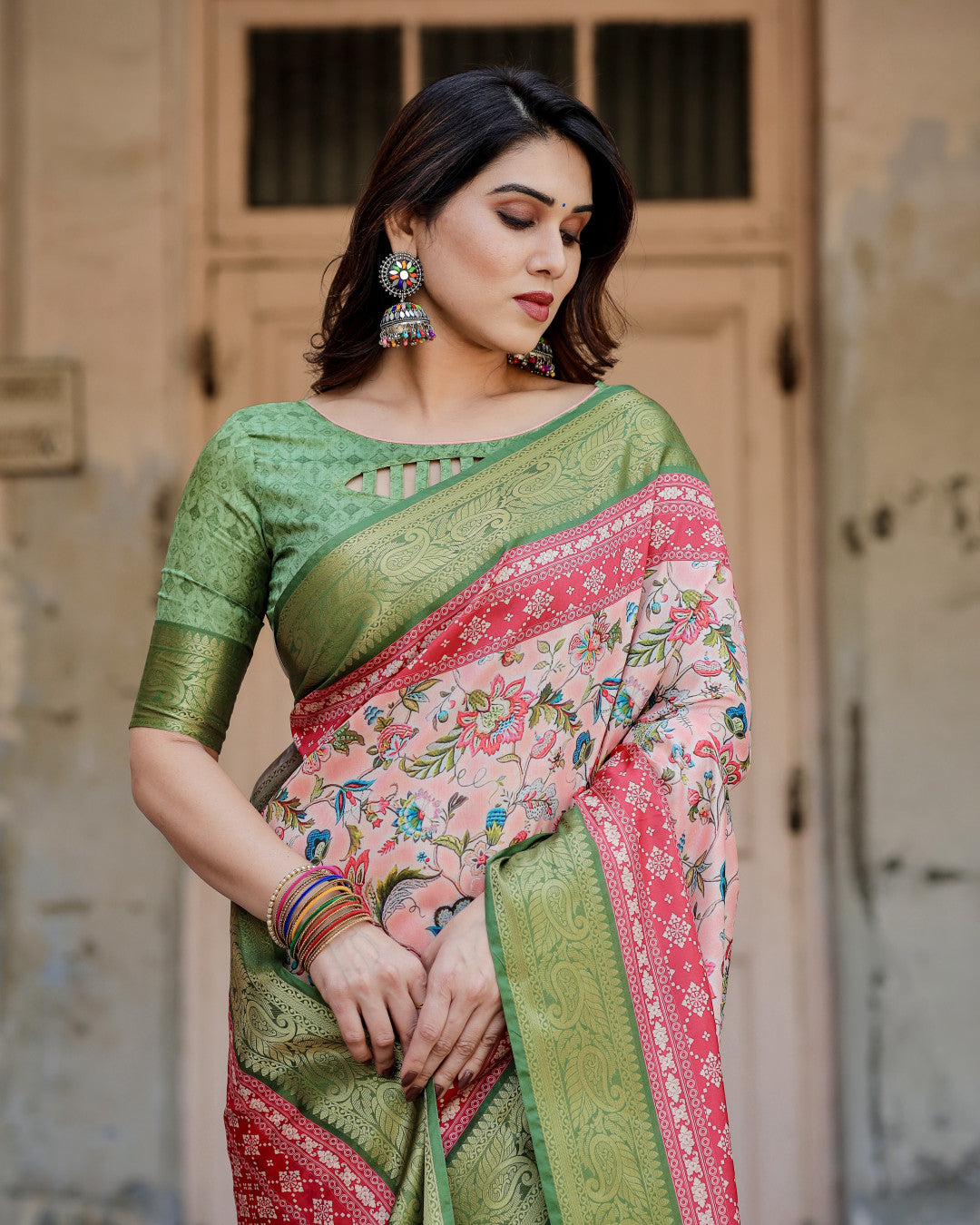 Blush Pink Digital Printed Tussar Silk Saree With Zari Motif Border | Designer Festive Ethnic Wear – JaipurSaaj